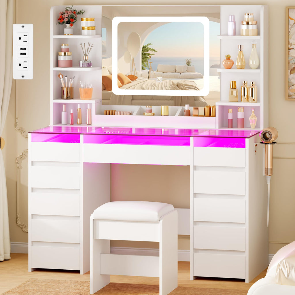 Glass Top Vanity Desk with Mirror and Stool Y27585