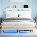 White Full Size Upholstered Platform Bed Frame with LED Lights and Storage Shelf O528200