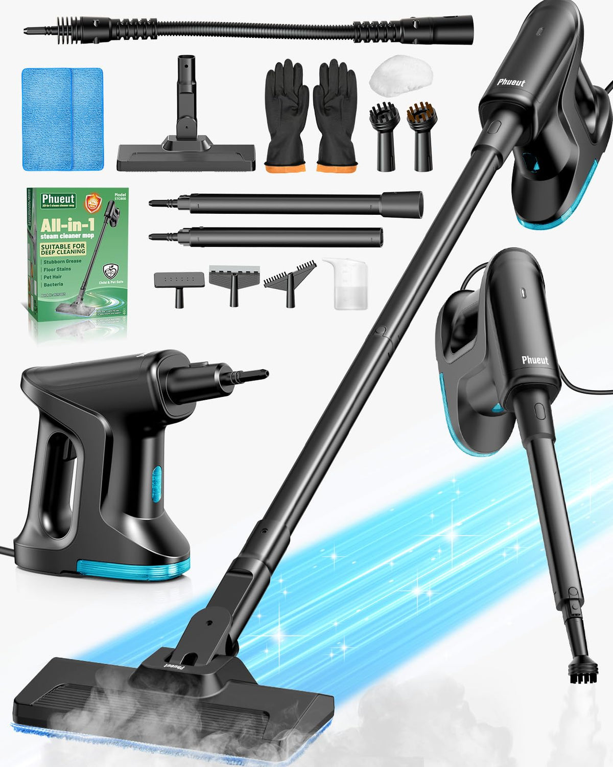 14-in-1 Lightweight Detachable Handheld Steam Mop Black M627953