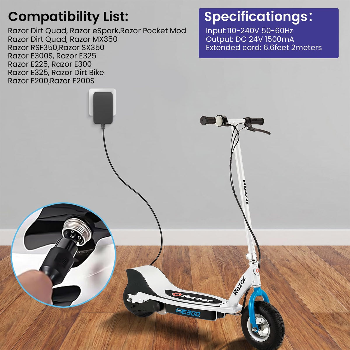 24V Electric Scooter Charger 3-Prong Inline Female Power Cord Z939412