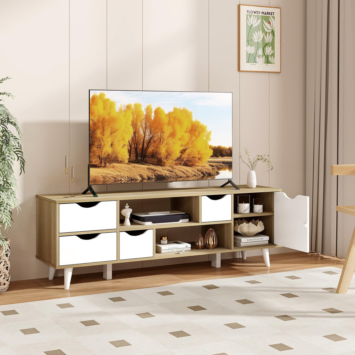 White TV Stand with 4 Drawers and 2 Open Shelves O54176