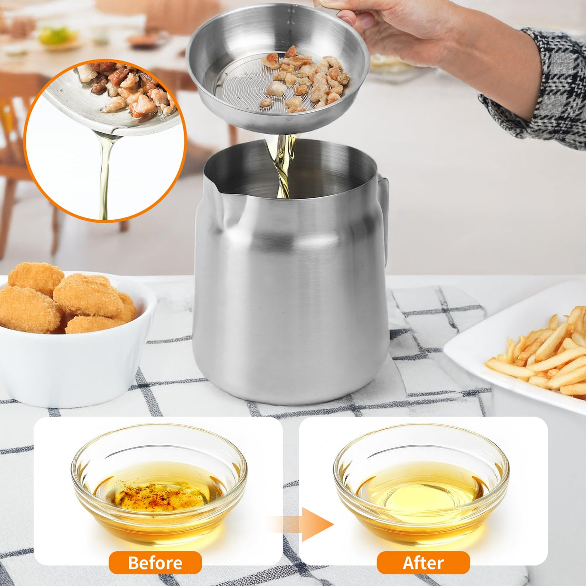 68oz Stainless Steel Oil Filter Pot with Fryer Basket O6146
