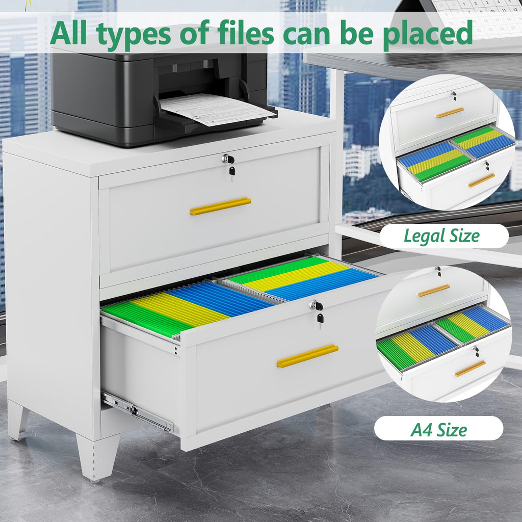 White 2 Drawer Metal Lateral File Cabinet with Lock D4522