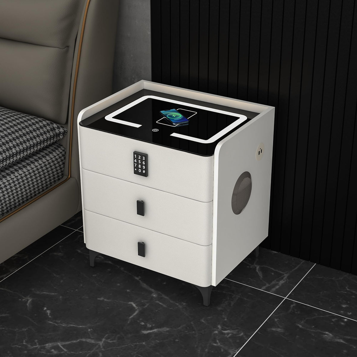 White Nightstand with Charging Station and LED Lights M426127