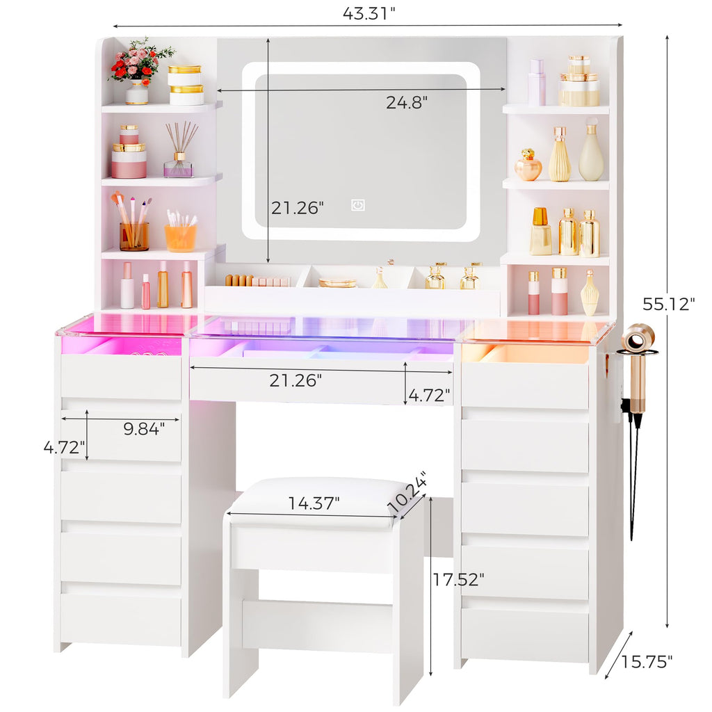 Glass Top Vanity Desk with Mirror and Stool Y27585
