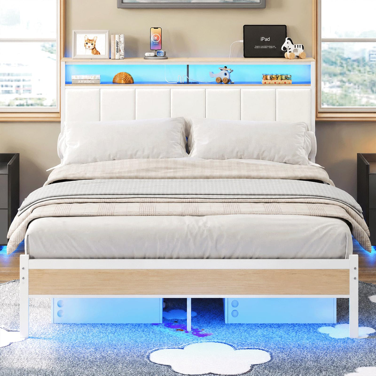 White Full Size Upholstered Platform Bed Frame with LED Lights and Storage Shelf O528200