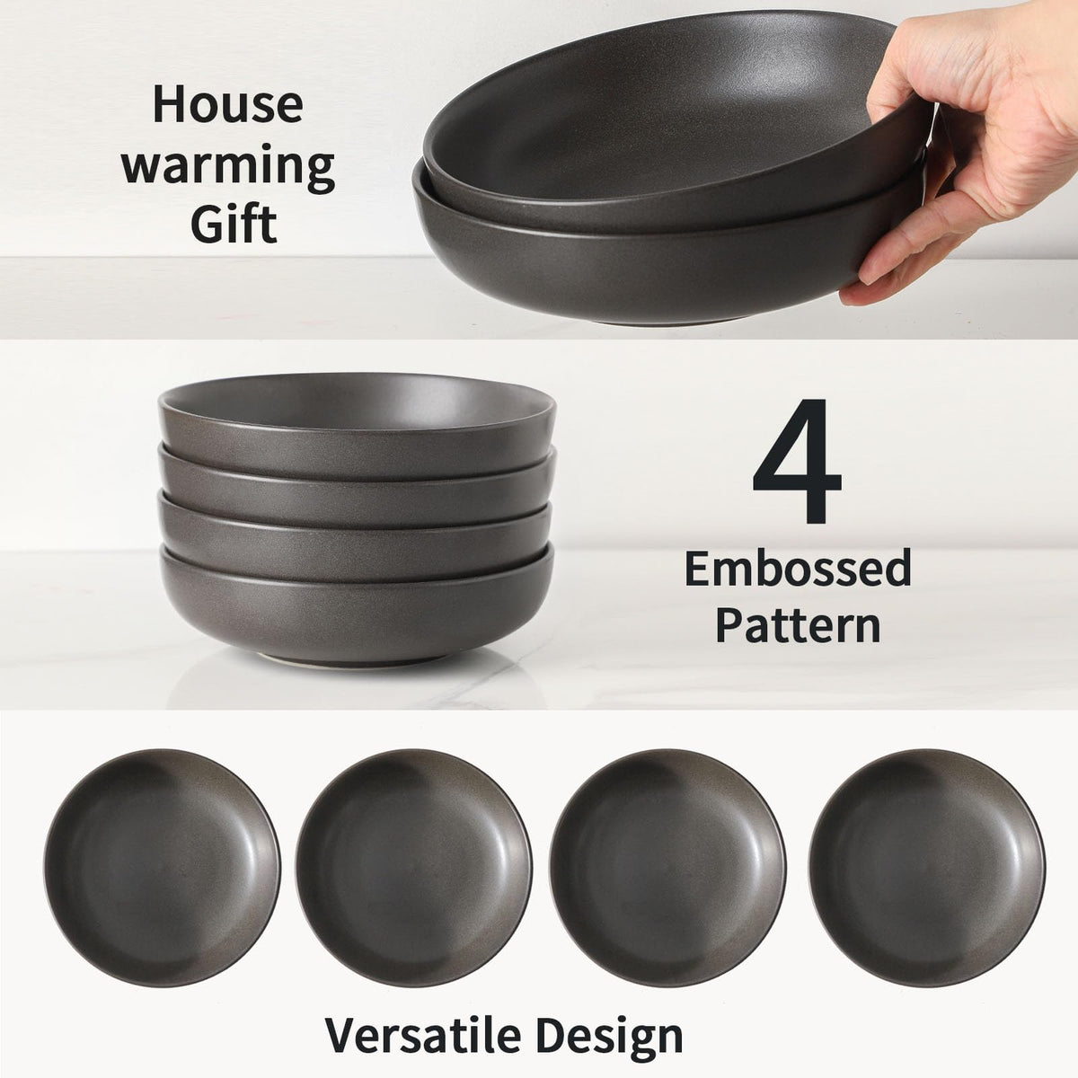 34 oz Stoneware Pasta Bowls Set of 4, Matte Black T423471