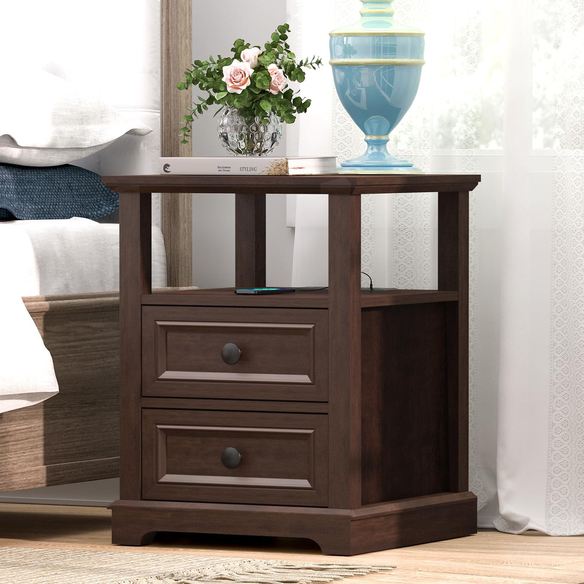 24" Tall End Table with Charging Station & 2 Drawers I584044