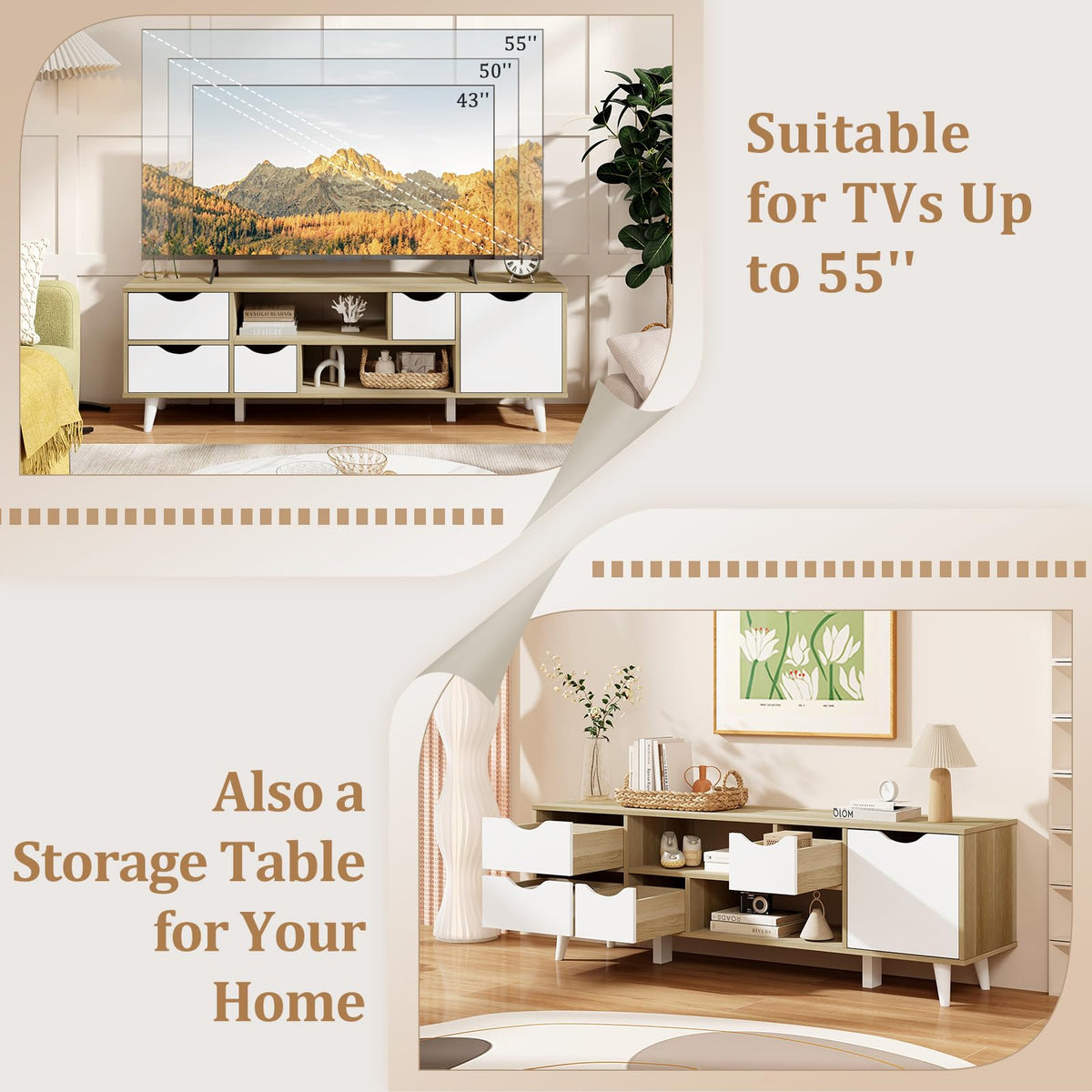 White TV Stand with 4 Drawers and 2 Open Shelves O54176