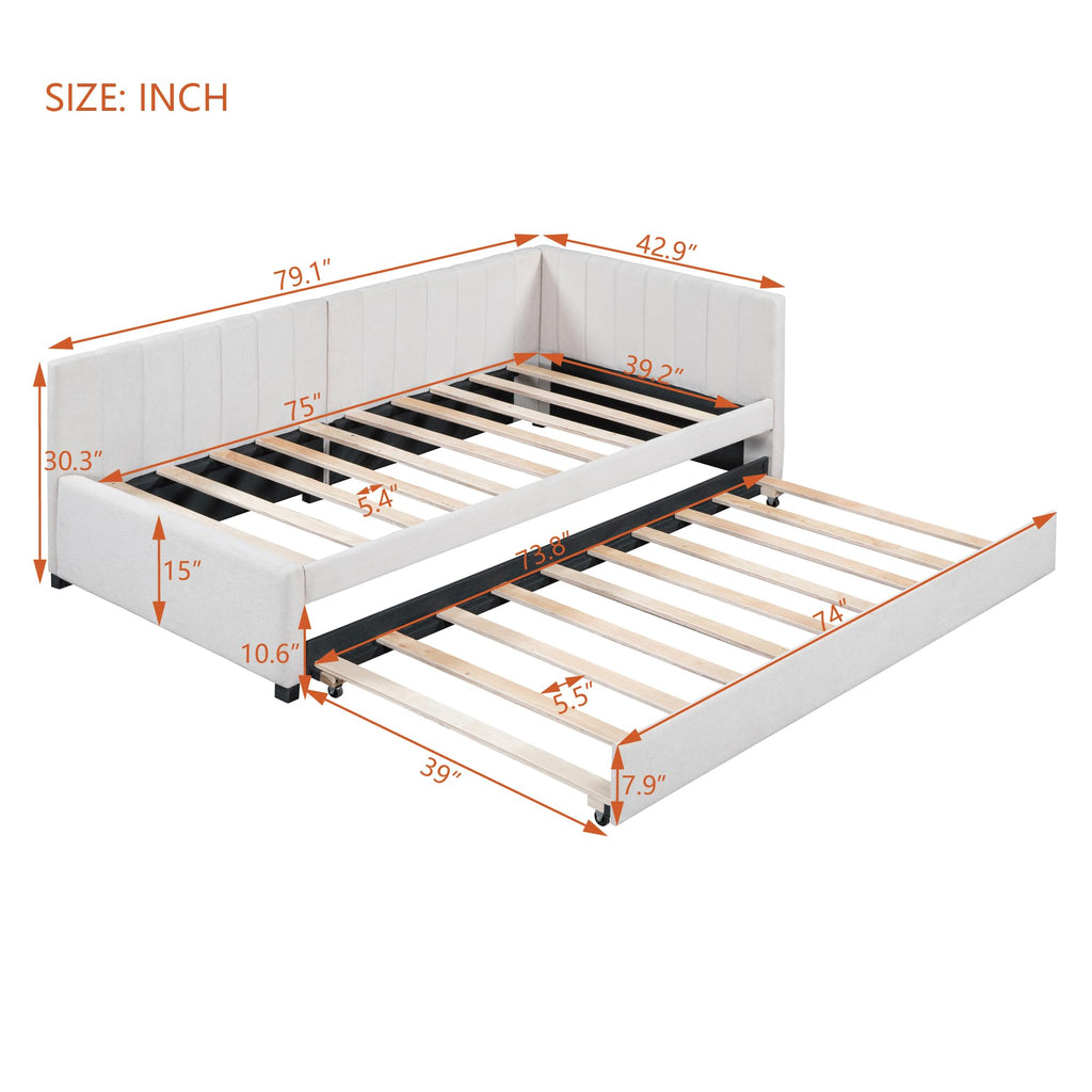 Twin Size Upholstered Daybed with Trundle Linen Fabric Wooden Sofa Bed Frame S81953