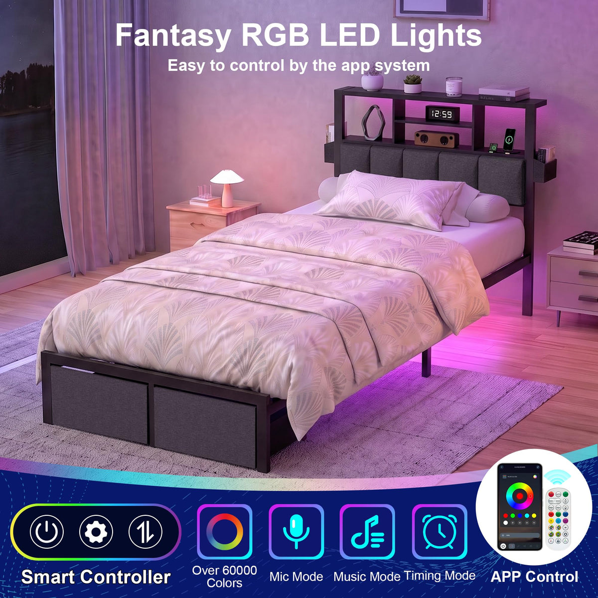Twin Bed Frame with LED Lights, Storage Drawers and Charging Station S824039