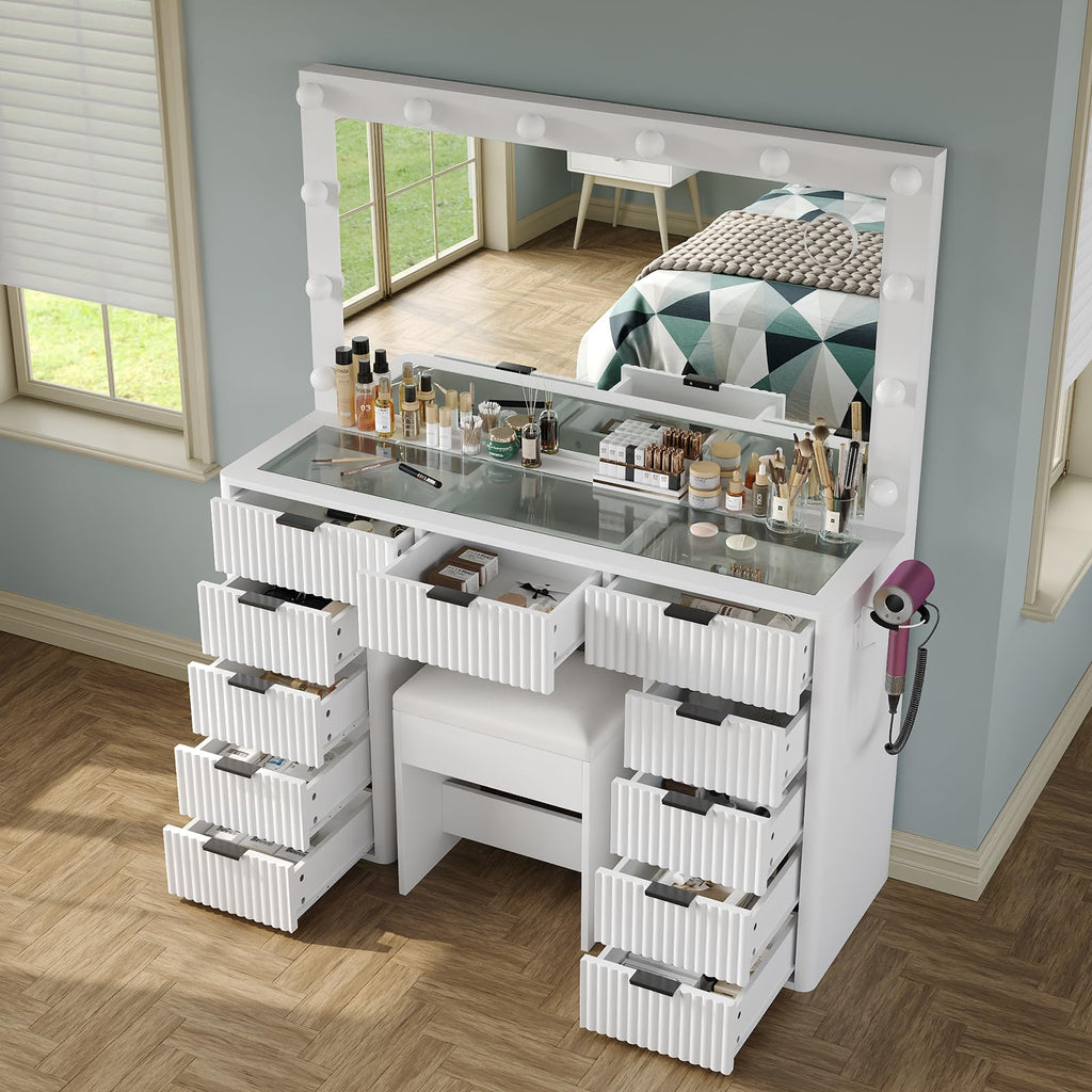 47" White Vanity Desk with 3-Color LED Mirror & 11 Drawers W754