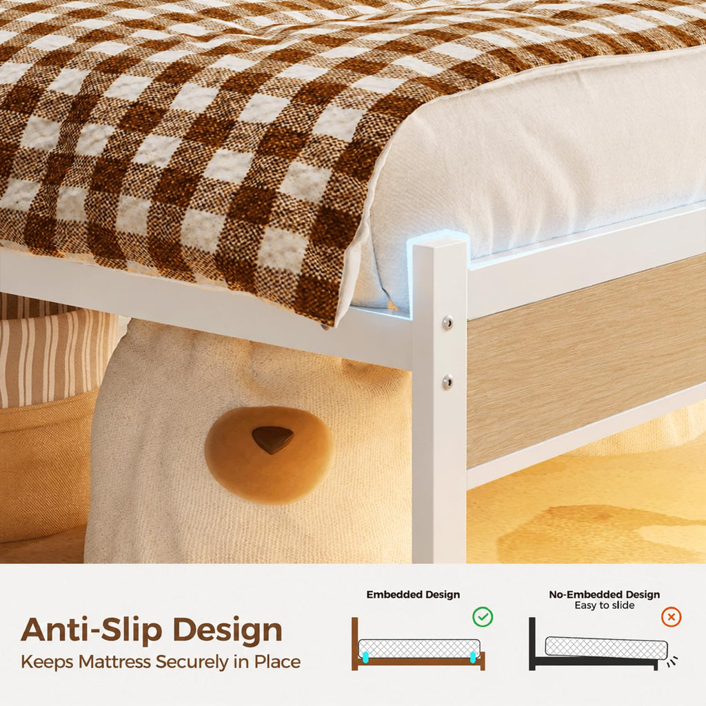 White Full Size Upholstered Platform Bed Frame with LED Lights and Storage Shelf O528200