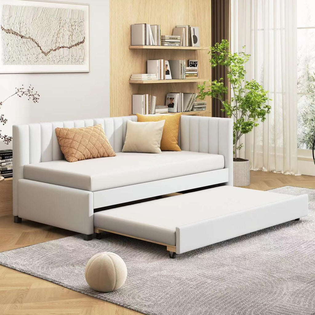 Twin Size Upholstered Daybed with Trundle Linen Fabric Wooden Sofa Bed Frame S81953