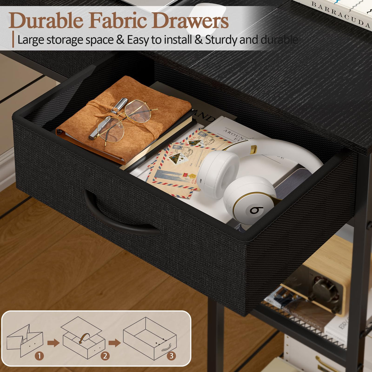 Black Small Writing Desk with 2 Drawers and Storage Shelf J355
