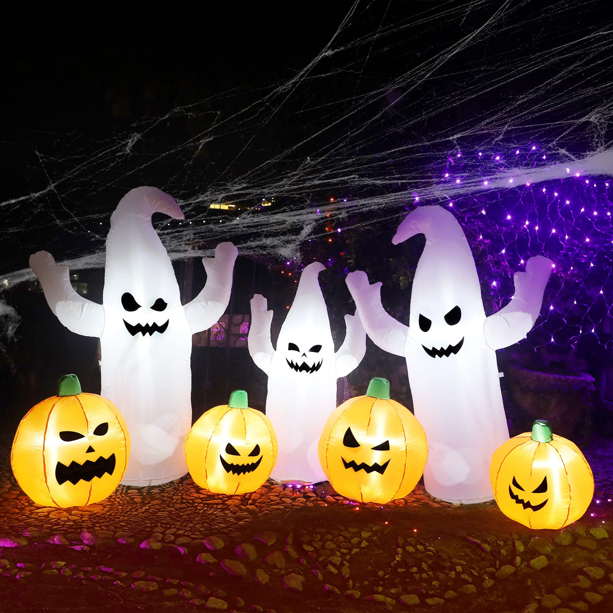 8 FT Lighted Halloween Inflatable Ghosts with Pumpkins R4502