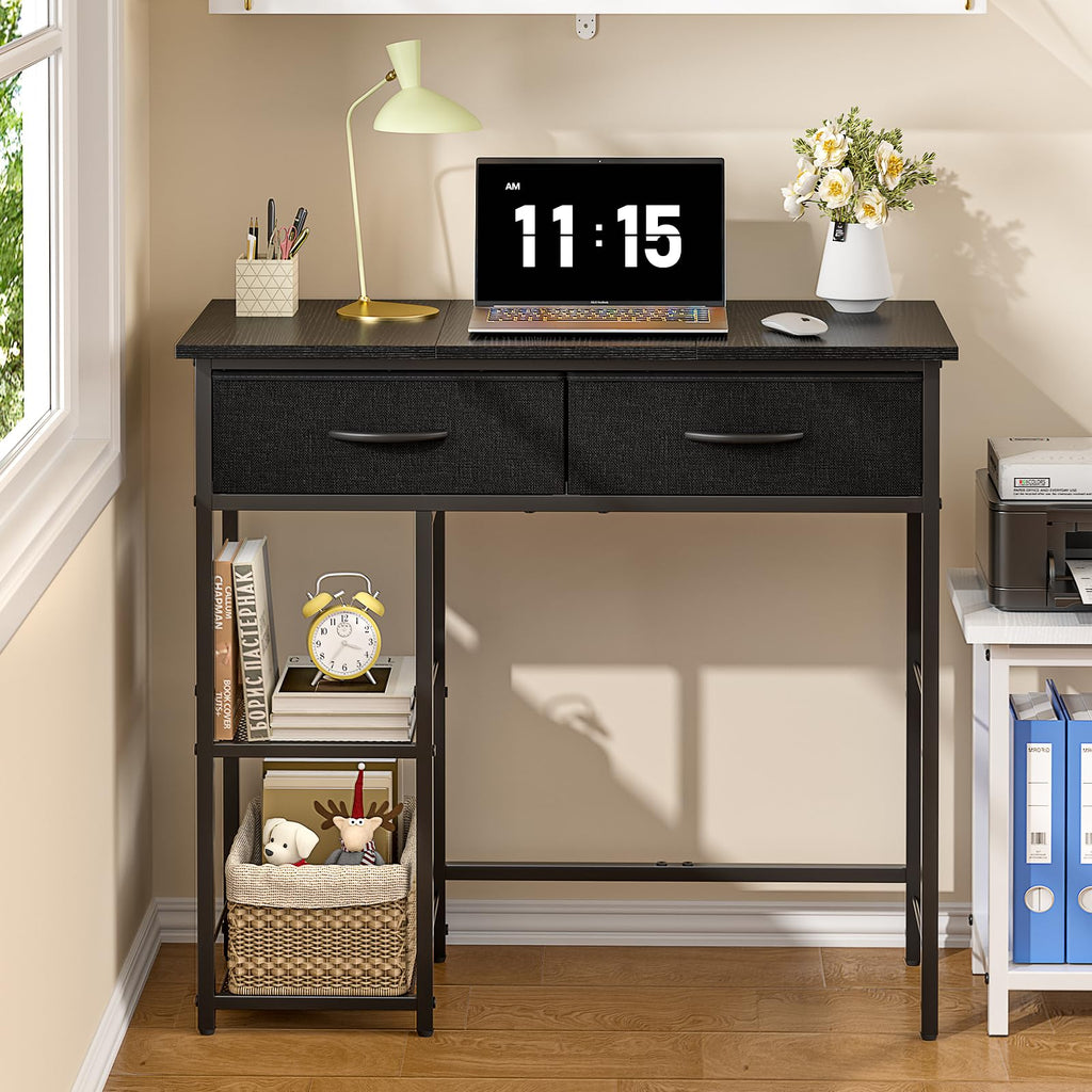Black Small Writing Desk with 2 Drawers and Storage Shelf J355
