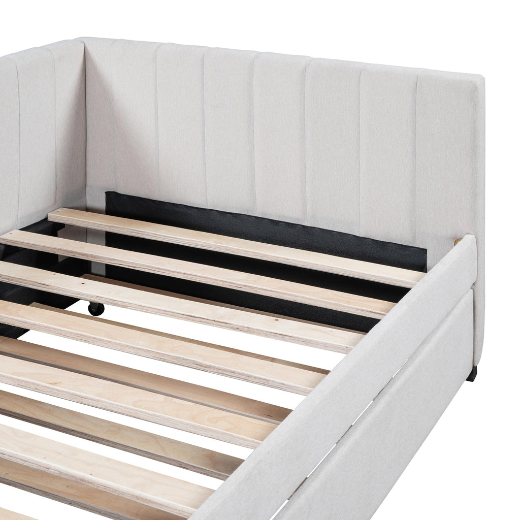 Twin Size Upholstered Daybed with Trundle Linen Fabric Wooden Sofa Bed Frame S81953