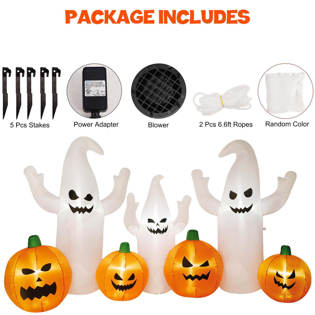 8 FT Lighted Halloween Inflatable Ghosts with Pumpkins R4502
