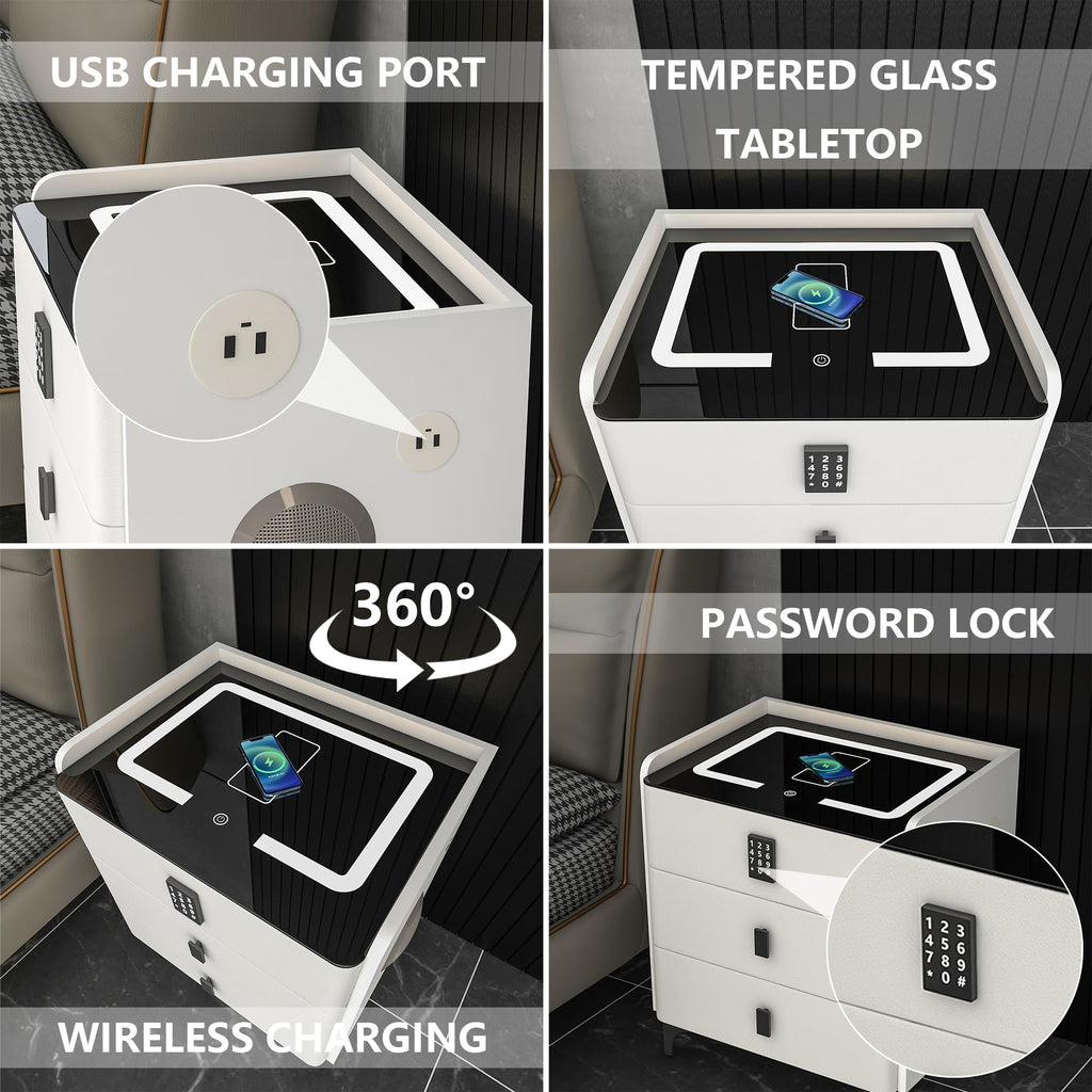 White Nightstand with Charging Station and LED Lights M426127