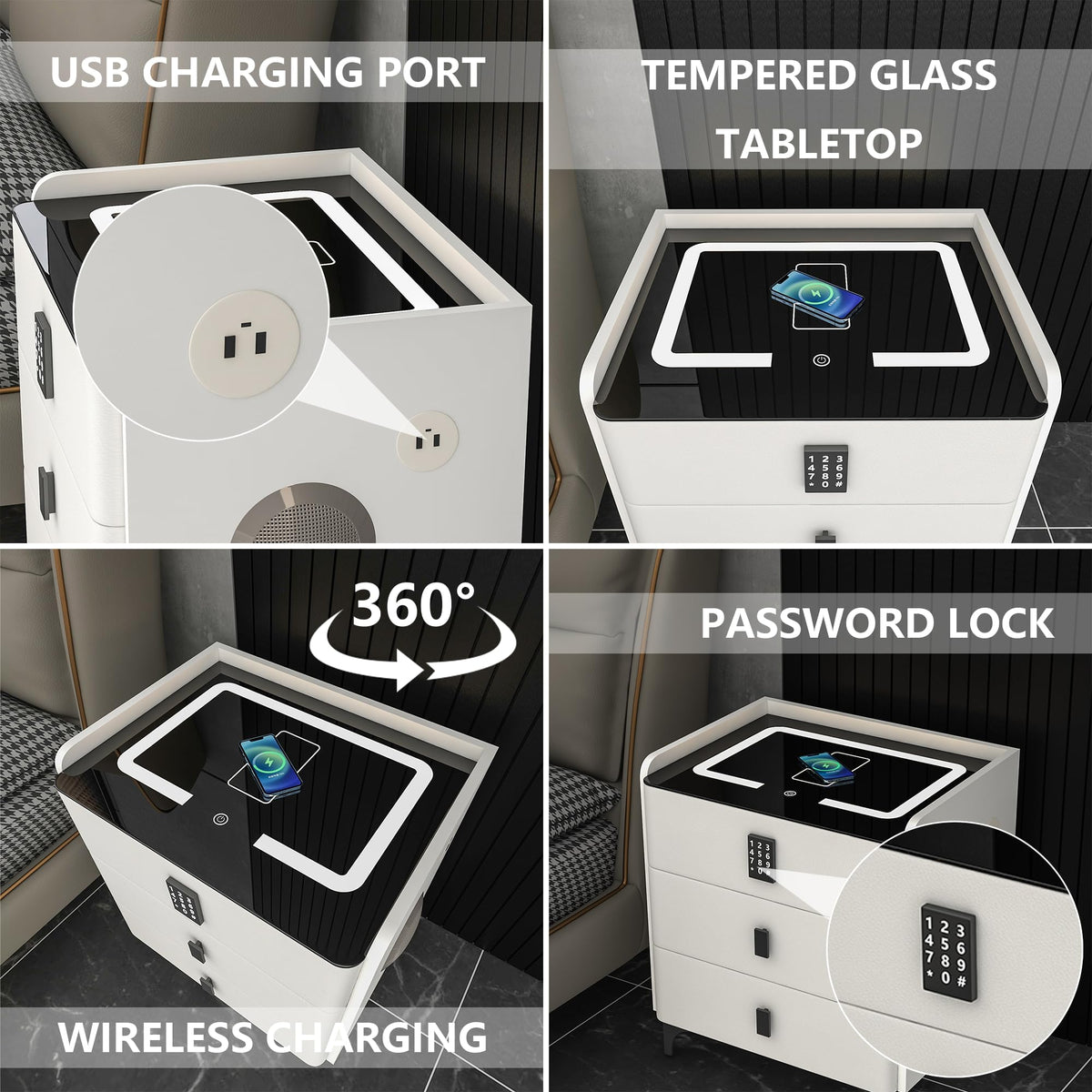White Nightstand with Charging Station and LED Lights M426127