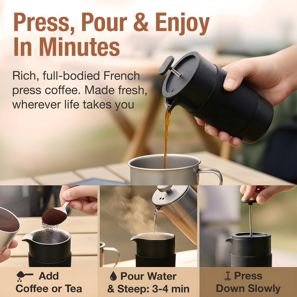 12 oz Double Wall Insulated Travel French Press Coffee Maker Set J868399