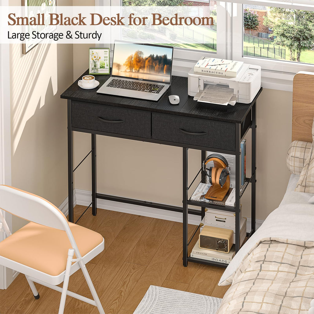 Black Small Writing Desk with 2 Drawers and Storage Shelf J355