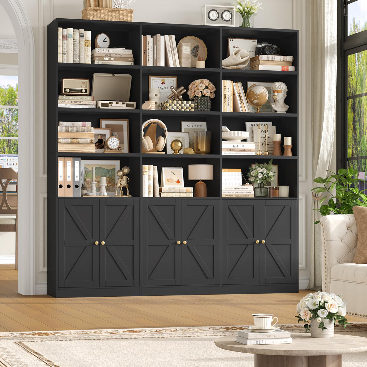 75" Tall Black Bookshelf with 6 Doors D11861