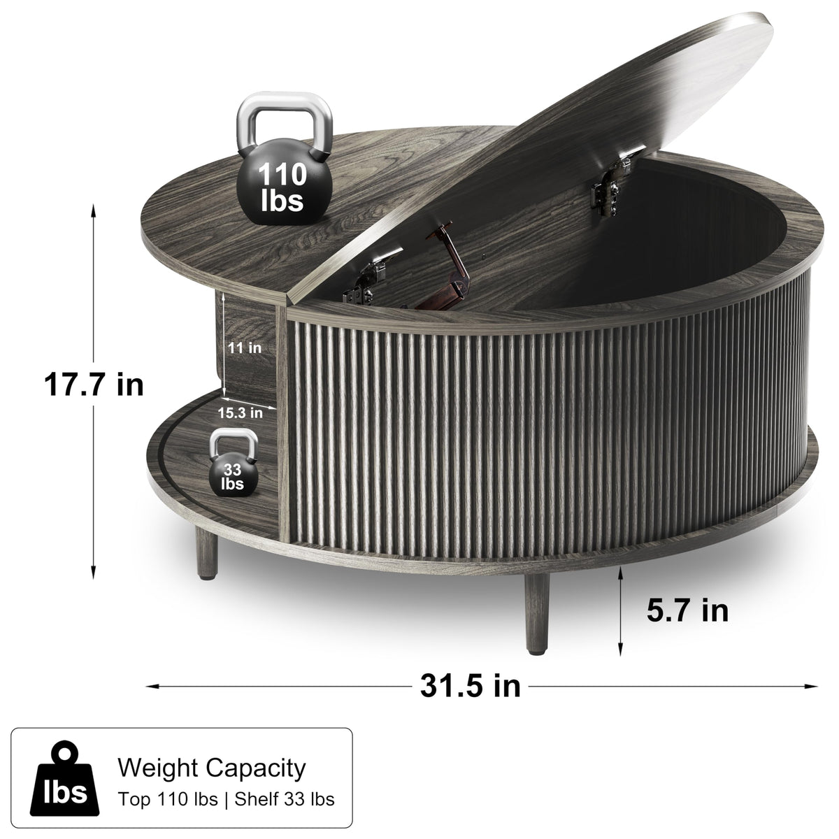 Round Coffee Table, 31.5" Lift-Top with Storage, Grey L884