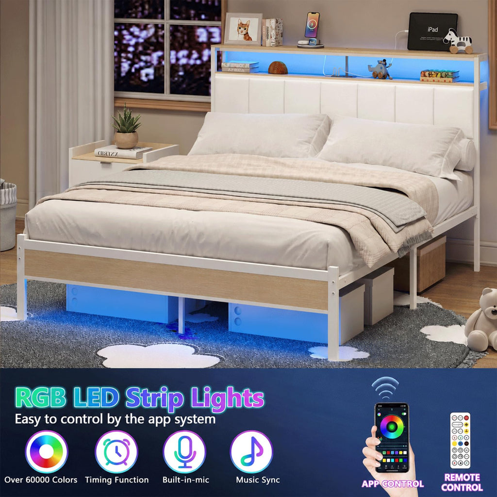 White Full Size Upholstered Platform Bed Frame with LED Lights and Storage Shelf O528200