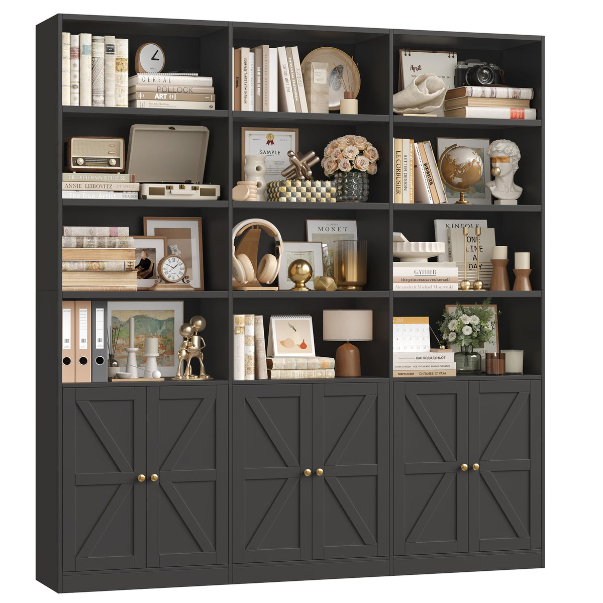 75" Tall Black Bookshelf with 6 Doors D11861
