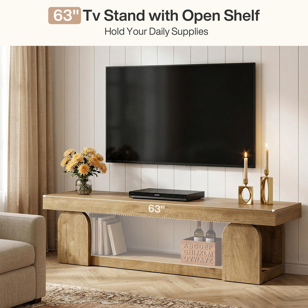 63" Wood TV Stand with Open Storage Shelf Z4151