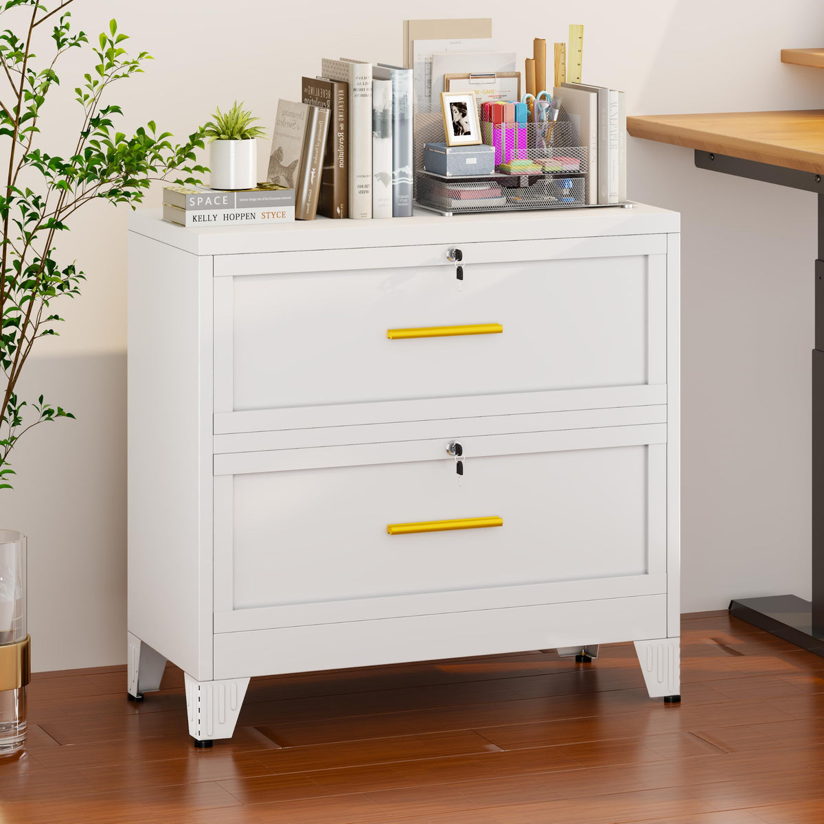 White 2 Drawer Metal Lateral File Cabinet with Lock D4522