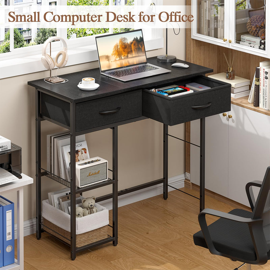 Black Small Writing Desk with 2 Drawers and Storage Shelf J355