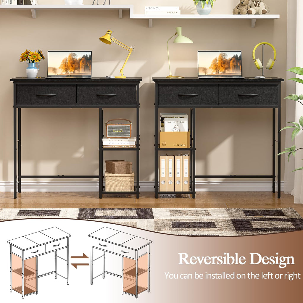 Black Small Writing Desk with 2 Drawers and Storage Shelf J355
