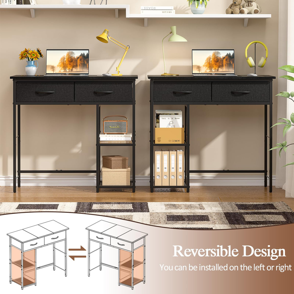 Black Small Writing Desk with 2 Drawers and Storage Shelf J355