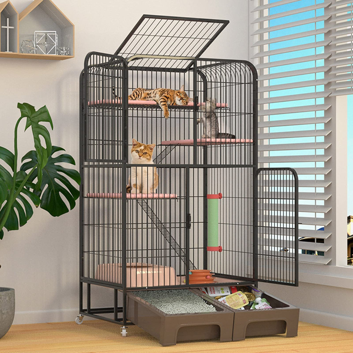 Black Four Layer Metal Cat Cage Dog Crate J89142
