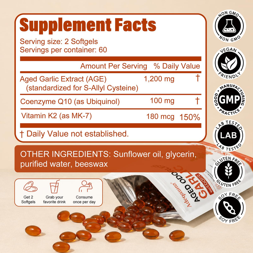 1200 mg Odorless Aged Garlic Extract Softgels with CoQ10 Ubiquinol & Vitamin K2, 120 Softgels Y578