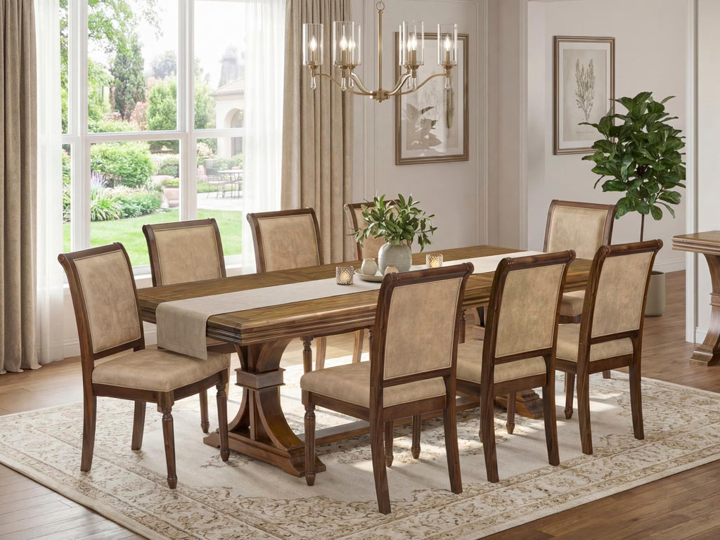 9 Piece Dining Table Set with 8 Beige Polyester Chairs I31152