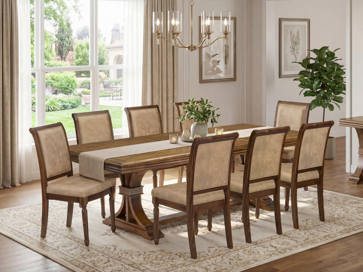 9 Piece Dining Table Set with 8 Beige Polyester Chairs I31152