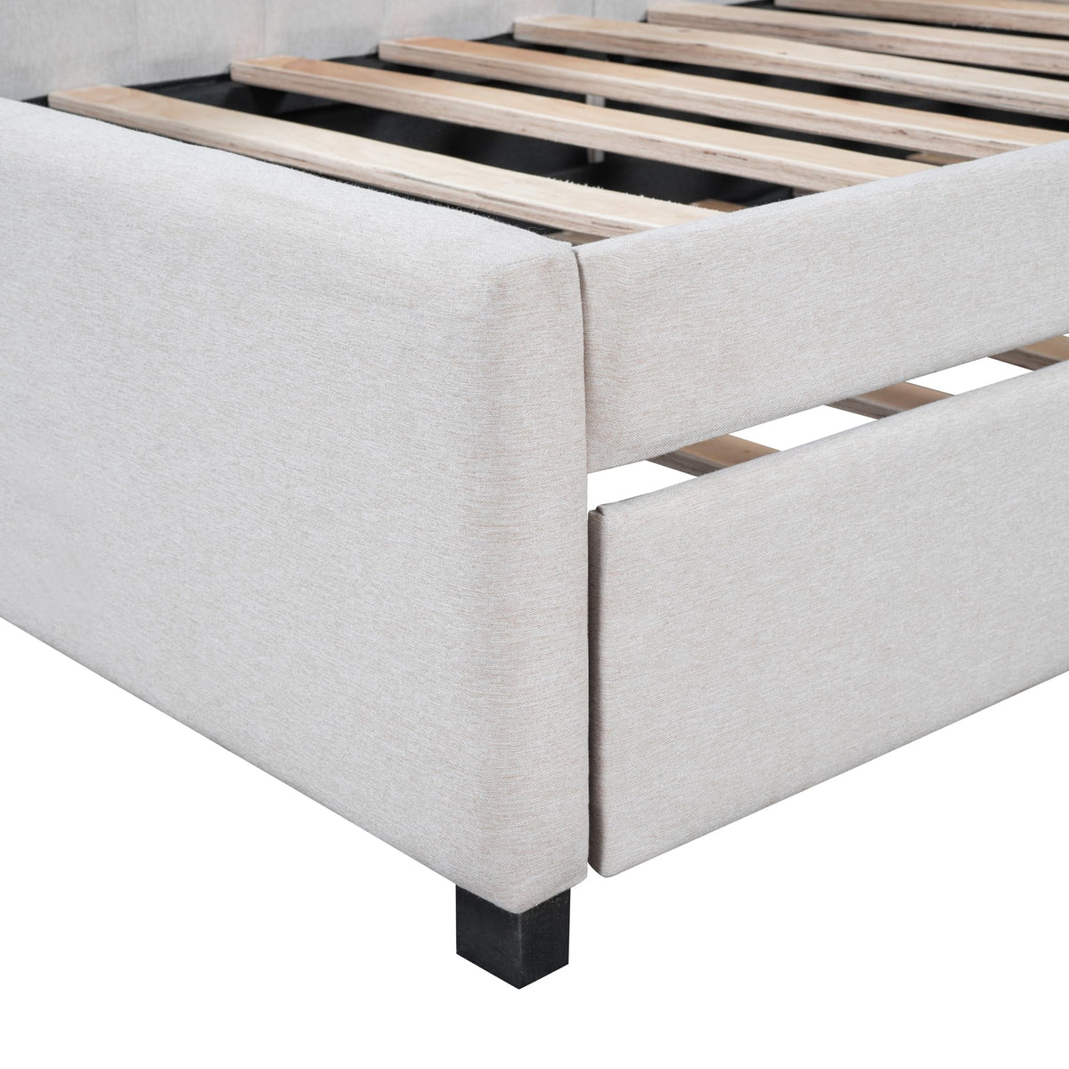 Twin Size Upholstered Daybed with Trundle Linen Fabric Wooden Sofa Bed Frame S81953