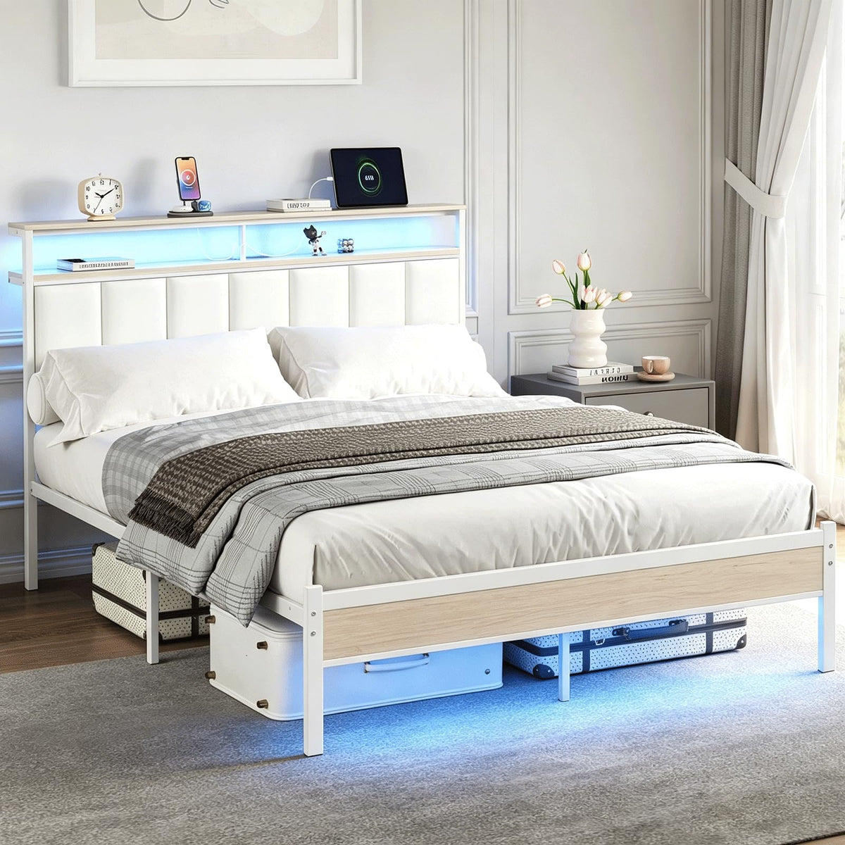White Full Size Upholstered Platform Bed Frame with LED Lights and Storage Shelf O528200