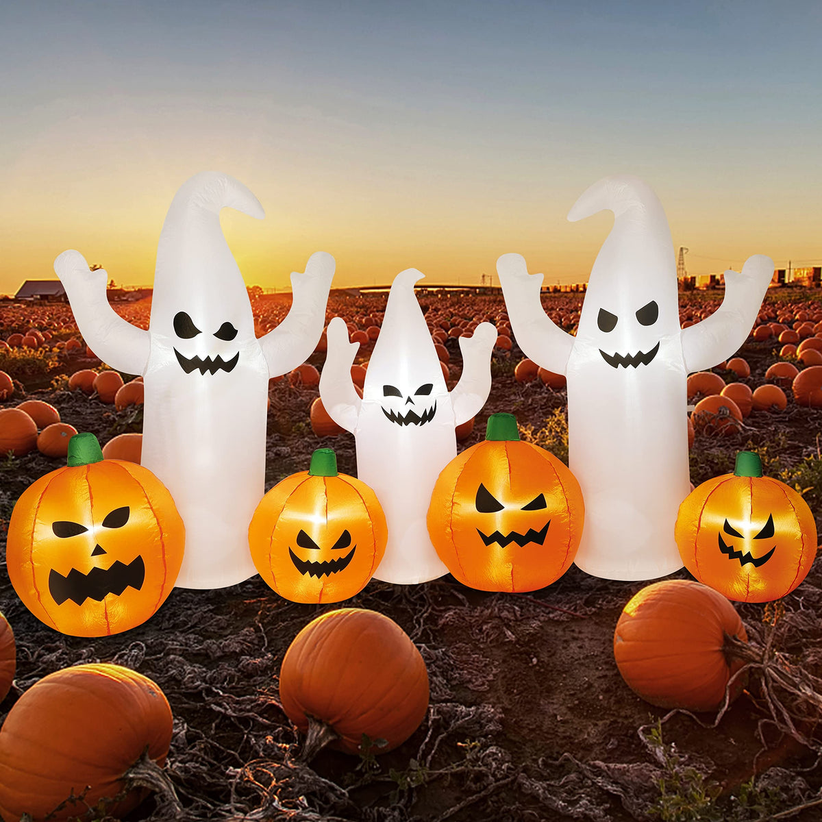 8 FT Lighted Halloween Inflatable Ghosts with Pumpkins R4502