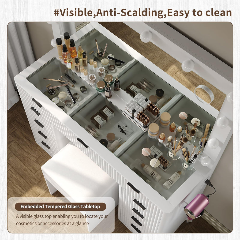 47" White Vanity Desk with 3-Color LED Mirror & 11 Drawers W754