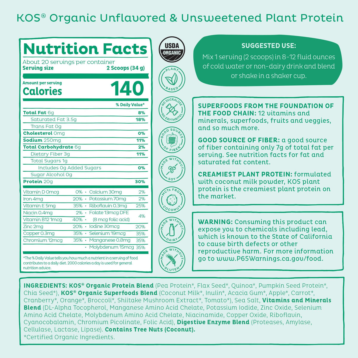 Vegan Protein Powder, Unflavored & Unsweetened Pea Protein Blend, 20 Servings N880698