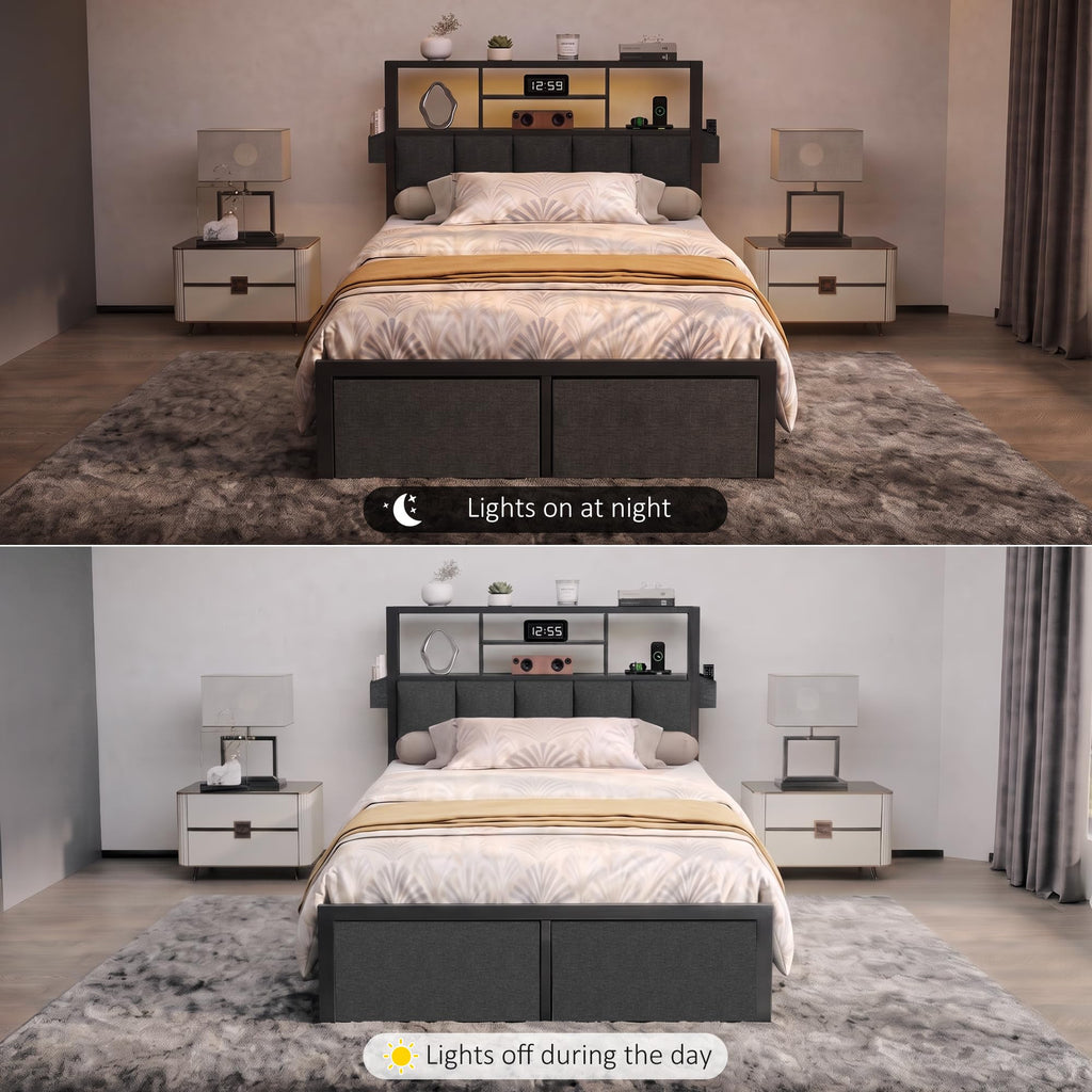 Twin Bed Frame with LED Lights, Storage Drawers and Charging Station S824039