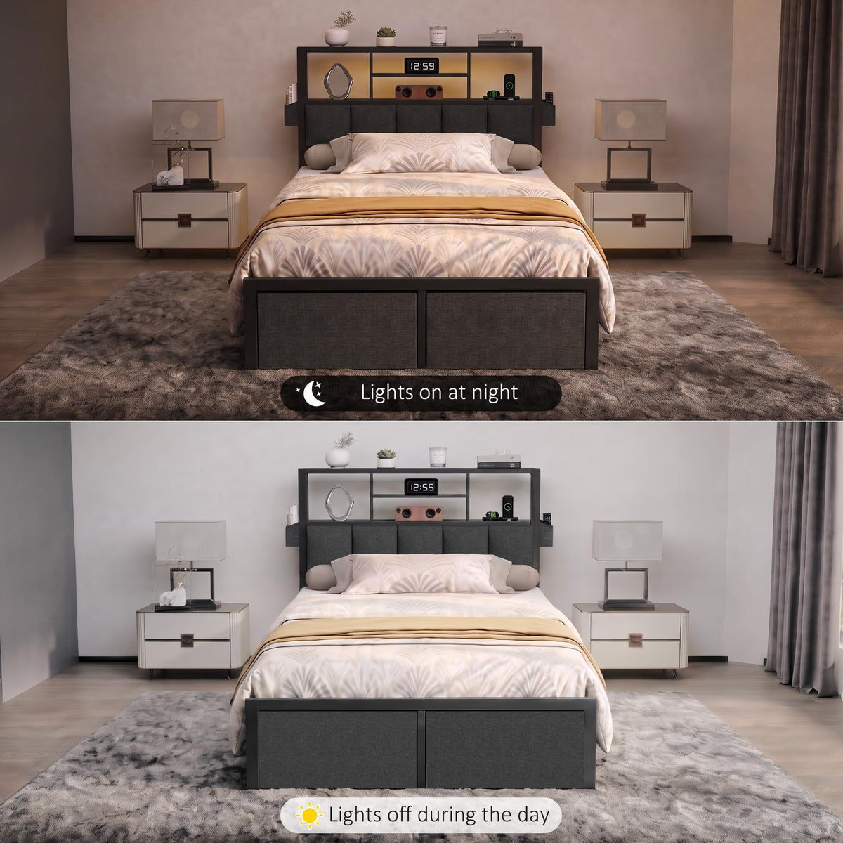 Twin Bed Frame with LED Lights, Storage Drawers and Charging Station S824039