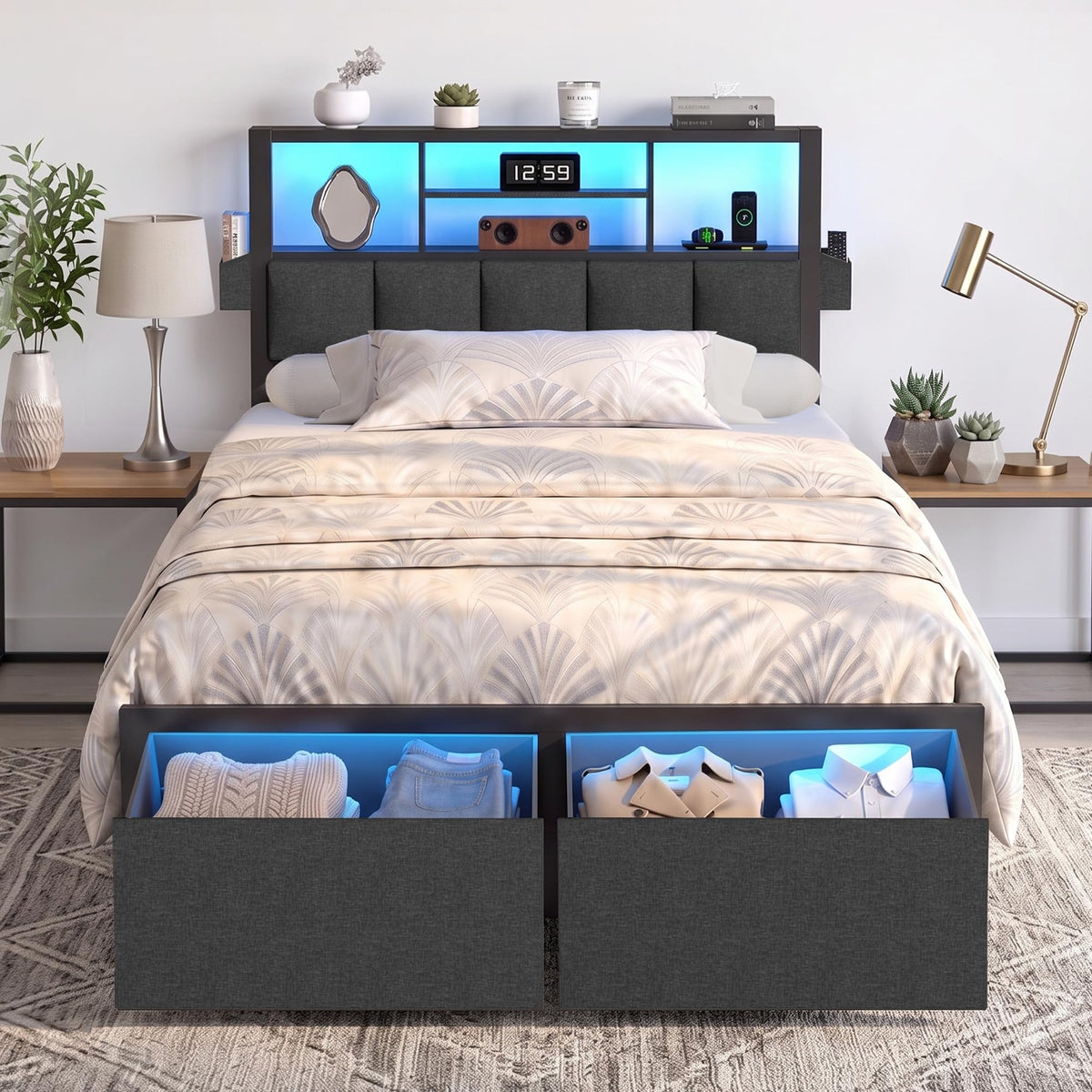 Twin Bed Frame with LED Lights, Storage Drawers and Charging Station S824039