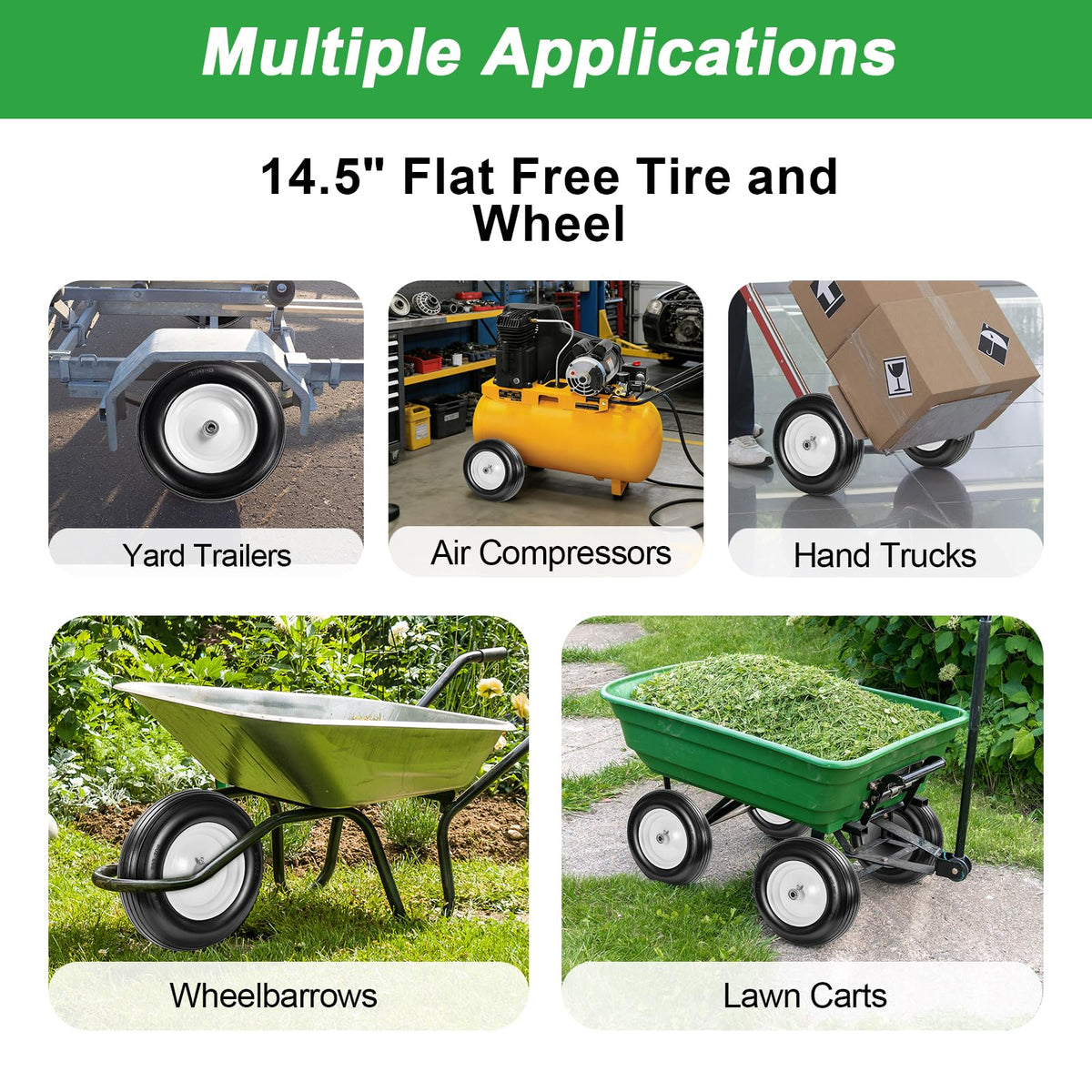 14.5" Flat Free Wheelbarrow Tire with 3/4" & 5/8" Bearing H970828