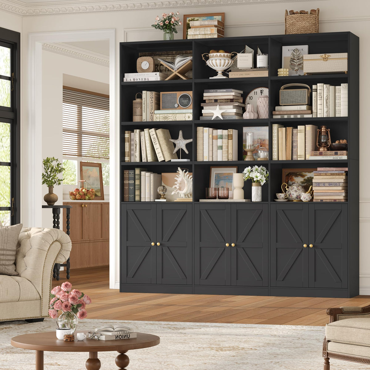 75" Tall Black Bookshelf with 6 Doors D11861